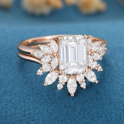 2.00 CT Emerald Cut Moissanite Cluster Bridal Ring Set