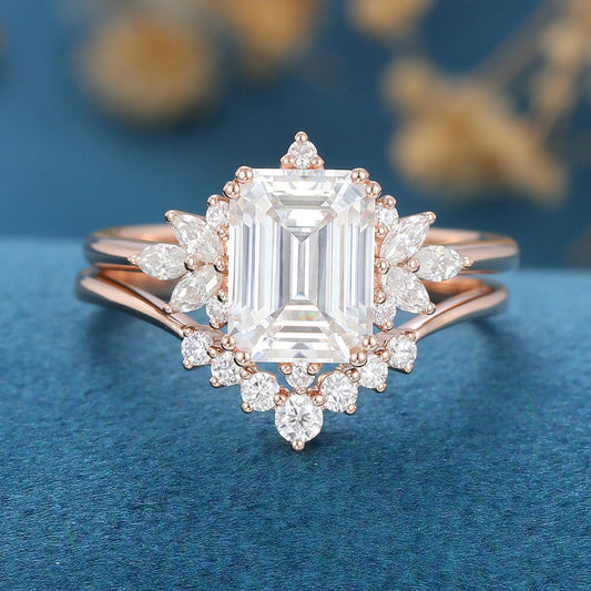 2.50 CT Emerald Cut Moissanite Wedding Bridal Ring Set