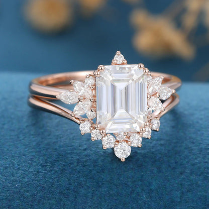 2.50 CT Emerald Cut Moissanite Wedding Bridal Ring Set