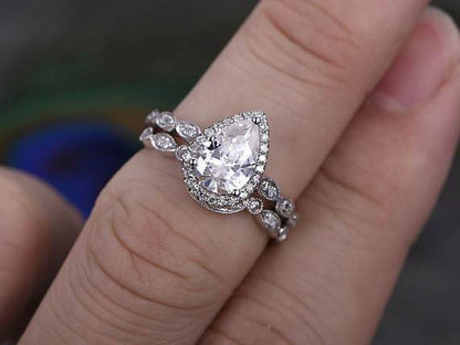 2.00 CT Pear Cut Halo Moissanite Bridal Ring Set