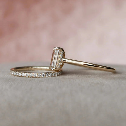 2.50 CT Emerald Cut Moissanite Diamond Halo Bridal Wedding Ring Set