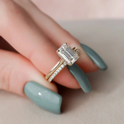 2.50 CT Emerald Cut Moissanite Diamond Halo Bridal Wedding Ring Set