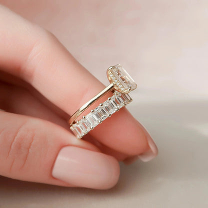 2.50 CT Emerald Cut Moissanite Solitaire Hidden Halo Bridal Wedding Ring Set