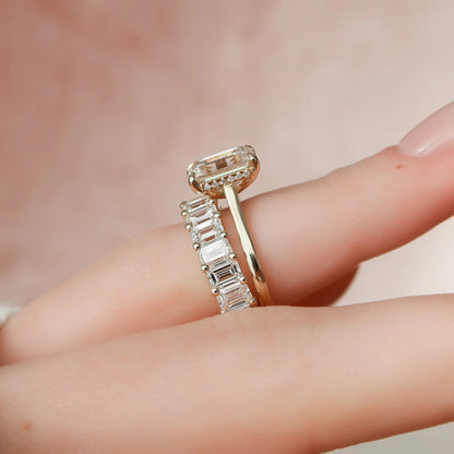 2.50 CT Emerald Cut Moissanite Solitaire Hidden Halo Bridal Wedding Ring Set