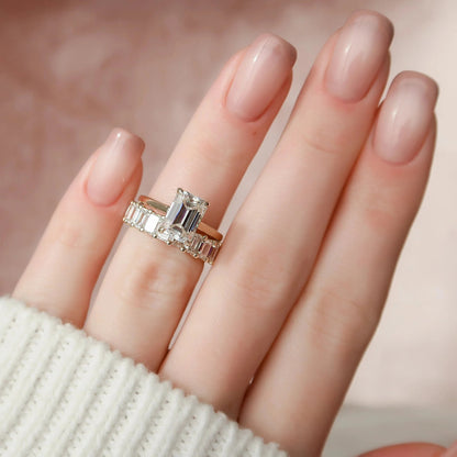 2.50 CT Emerald Cut Moissanite Solitaire Hidden Halo Bridal Wedding Ring Set
