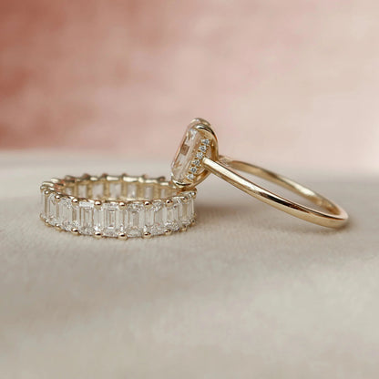 2.50 CT Emerald Cut Moissanite Solitaire Hidden Halo Bridal Wedding Ring Set