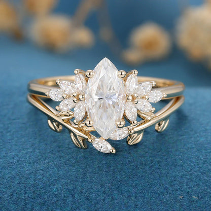 1.50 CT Marquise Cut Moissanite Nature Inspired Bridal Ring Set