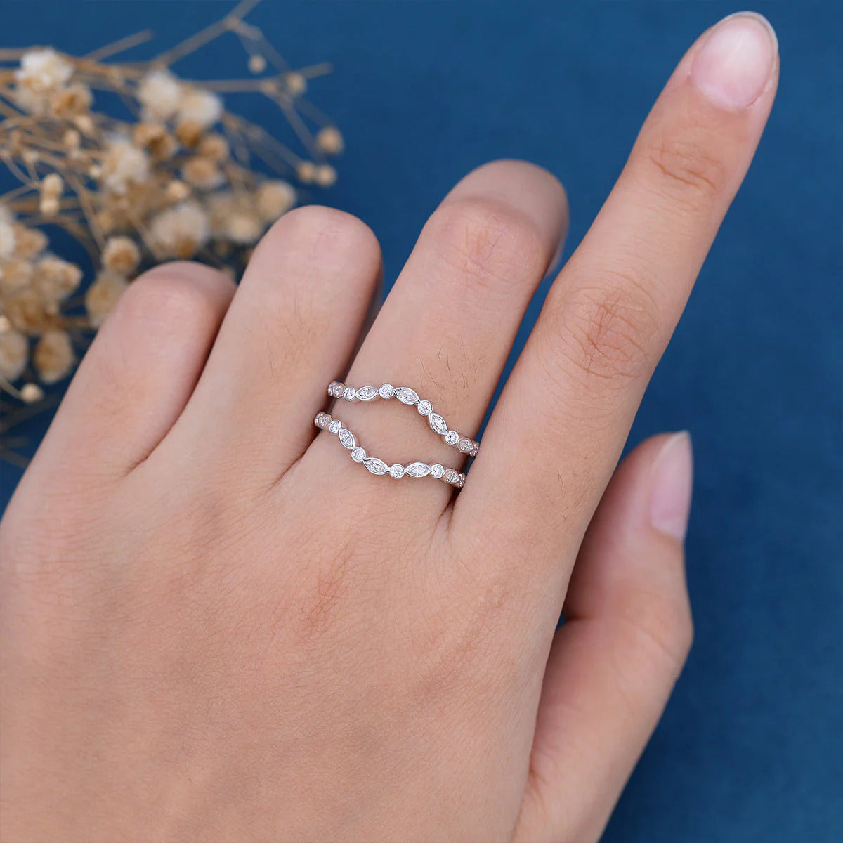 1.00 Round & Marquise Shaped Moissanite Unique Wedding Band