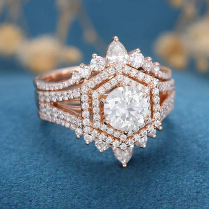 1.00 CT Round Shaped Moissanite Double Halo Bridal Set