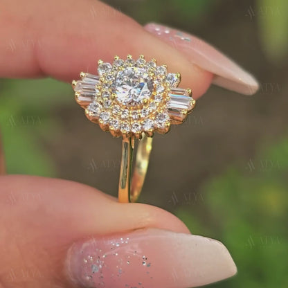 Unique Round Cut Starbust Moissanite Engagement Ring 14K Solid Gold Hidden Halo Promise Ring Side