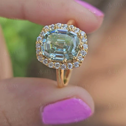 Green Octagon Cut Moissanite Diamond Ring Step Cut Engagement Ring Halo Colored Solitaire Ring Unique Anniversary Gift