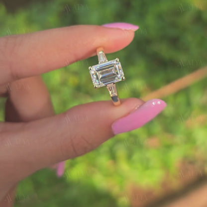 Emerald Cut Three Stone Ring 3.00 CT Emerald Cut Colorless Moissanite Engagement Ring Side Tapered Baguette Cut Proposal Anniversary Gift
