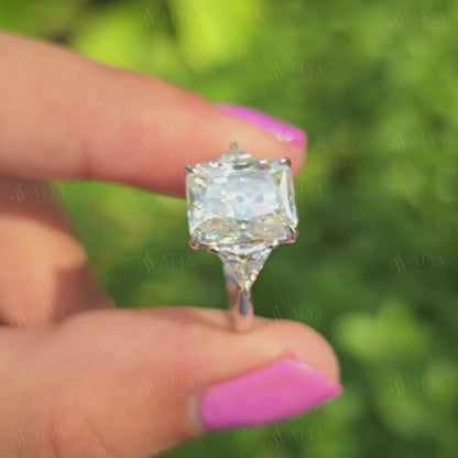 3.50 CT Radiant Cut Moissanite Stone Engagement Ring With Side Triangle Three Stone Best Minimalist Classic Wedding Ring