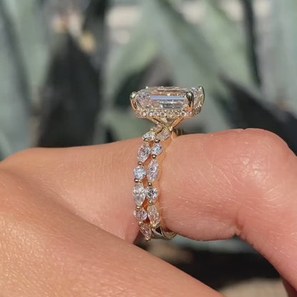 3.50 CT Emerald Cut Hidden Halo Moissanite Engagement Bridal Ring Set