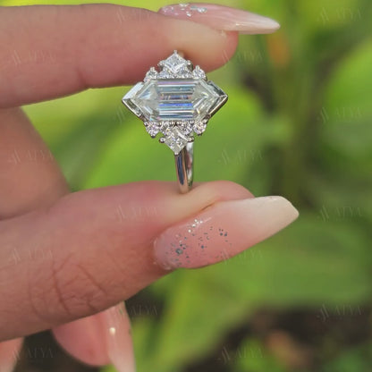 Elongated Hexagon Cut Moissanite Engagement Ring Unique Bridal Ring Anniversary Gift Proposal Ring