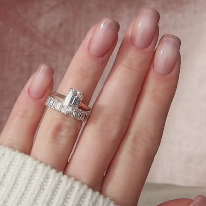 2.50 CT Emerald Cut Moissanite Solitaire Hidden Halo Bridal Wedding Ring Set