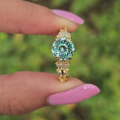 Vintage 2.50 CT Cyne Blue Portuguese Cut Moissanite Engagement Ring Side Marquise Diamond Nature Inspired Moissanite Ring