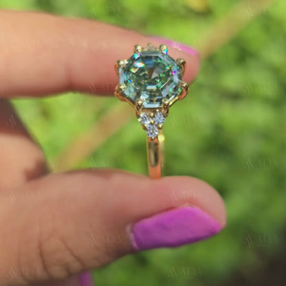 2.50 CT Blue Green Octagon Cut Moissanite Engagement Ring Cluser Moissantie Ring Promise Ring Anniversary Ring