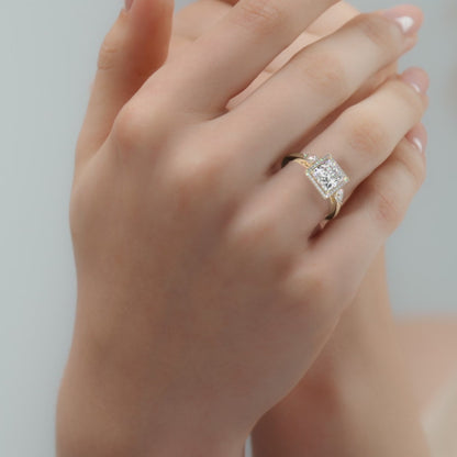 2.00 CT Princess Cut Three Stone Halo Lab Grown Diamond Unique Engagement Ring