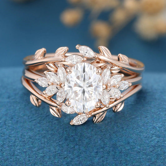 2.00 CT Oval Cut Moissanite Floral Bridal Ring Set